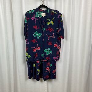 Susan Bristol Vintage Two Piece Blue&Multi Bow Print Blouse&Skirt Sz.8